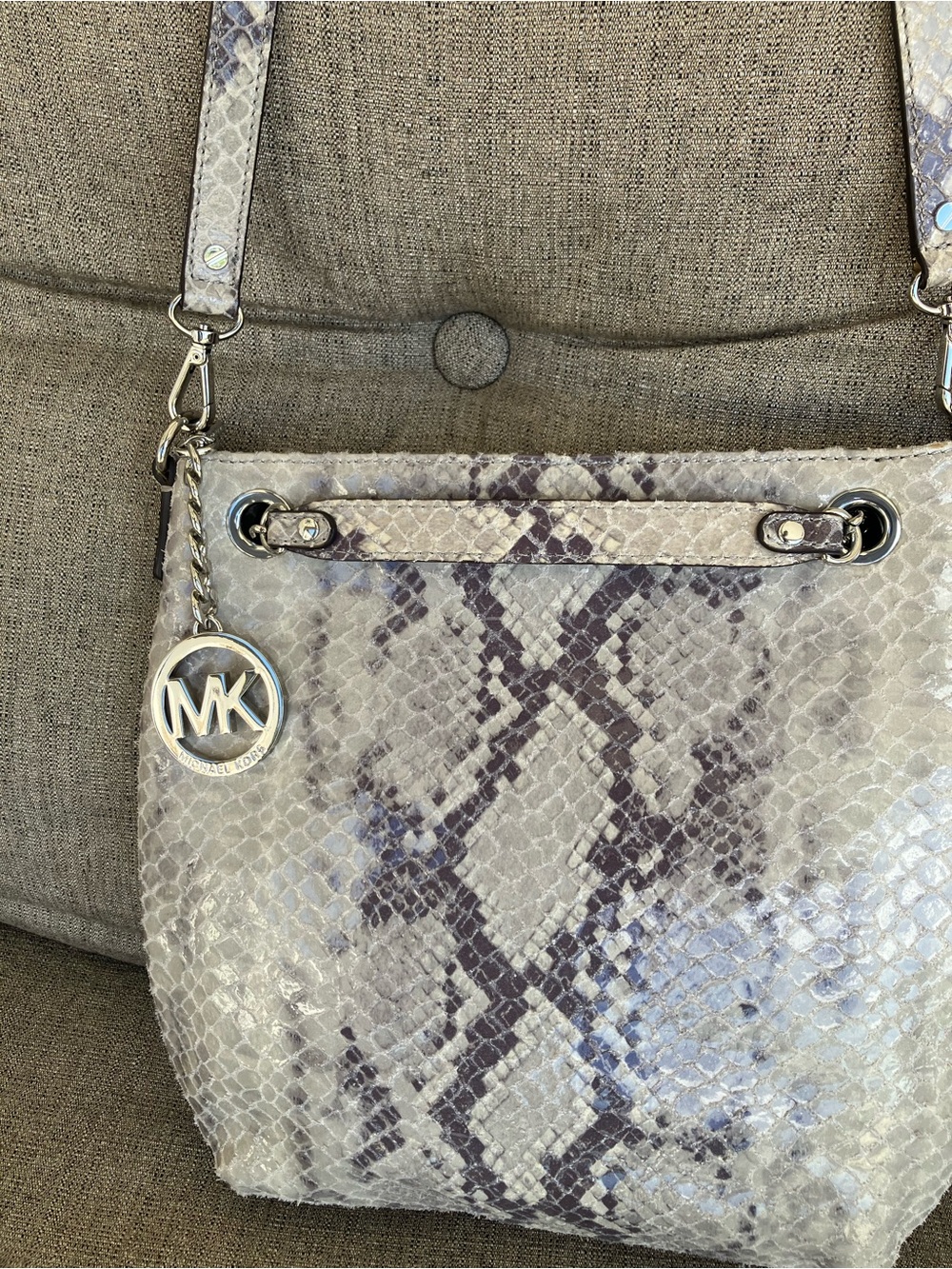 Michael Kors Leather Snake-Print Shoulder Bag in Gray and Cream